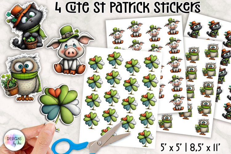 Cute St Patrick Stickers, Shamrock Animals and Lucky Clover