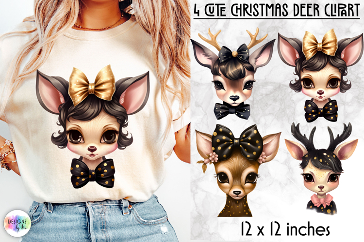 Cute Christmas Deer Clipart, Baby Deer with Coquette Bow PNG