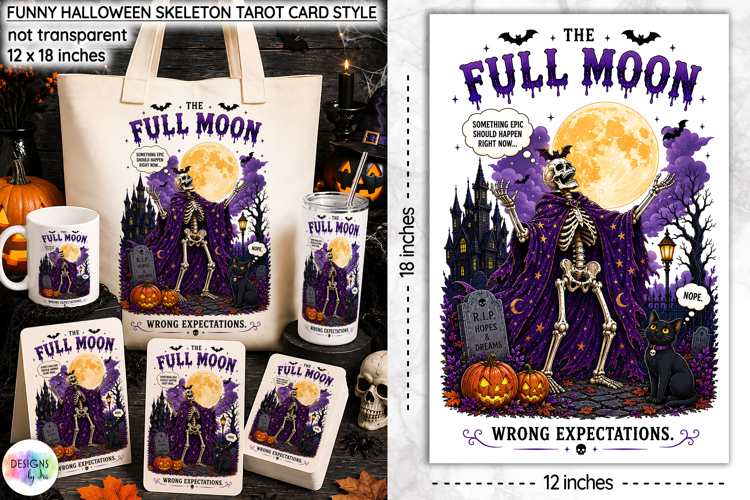 Funny Halloween Tarot Card, Full Moon Skeleton PNG