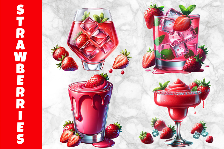 Strawberry Drinks and Cocktails Clipart, Summer Cocktails