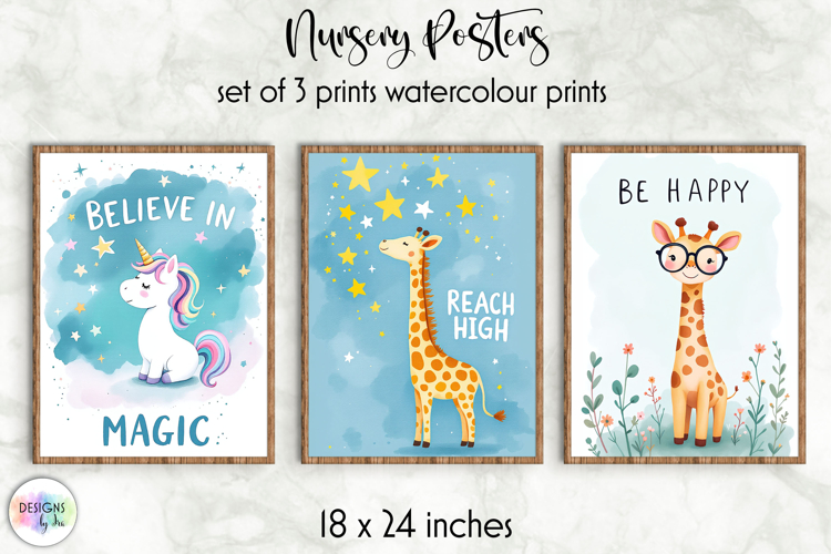 Unicorn and Giraffe Watercolor Nursery Posters, Positive PNG