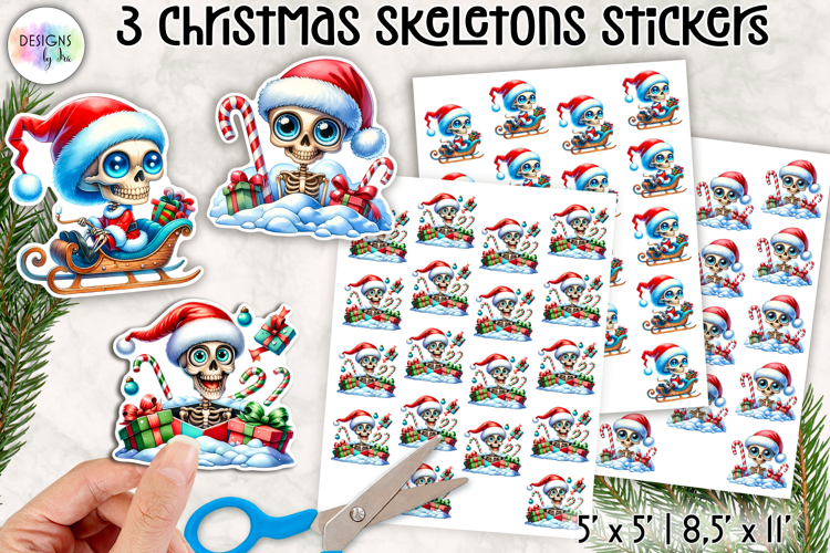 Cute Christmas Skeleton Stickers, Funny Santa Skull Stickers