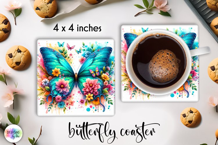 Floral Butterfly Coaster | Watercolour Butterfly Coaster PNG example image 1