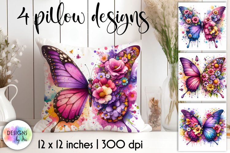 Butterfly with Flowers Watercolour Pillow Design, Butterfly example image 1