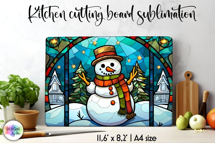 Stained Glass Cutting Board Sublimation | Christmas Snowman example image 1