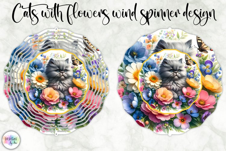 Cat with Flowers Wind Spinner, Spring Flowers and Kitten PNG example image 1