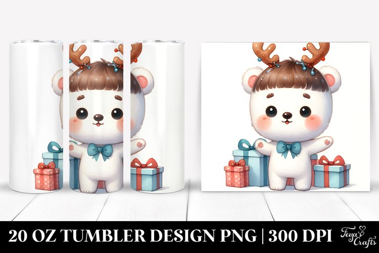 Expressive Polar Bear with Reindeer Horns, 20 Oz Tumbler example image 1