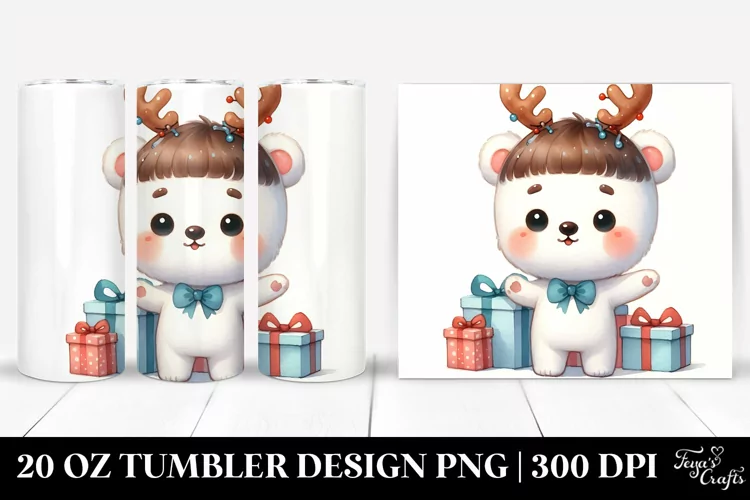 Expressive Polar Bear with Reindeer Horns, 20 Oz Tumbler