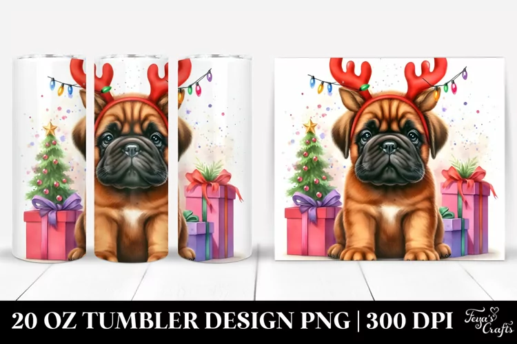 Expressive Baby Bullmastiff with Reindeer Horns 20 Oz