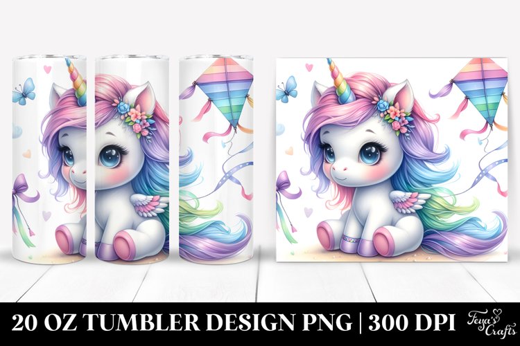 Watercolor Baby Unicorn with Kite Tail | 20 Oz Tumbler