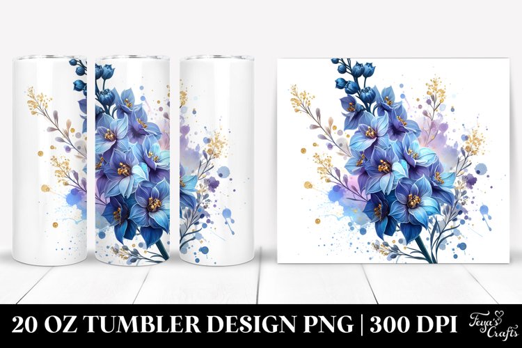 Glossy Metallic Watercolor Delphinium Tumbler Design