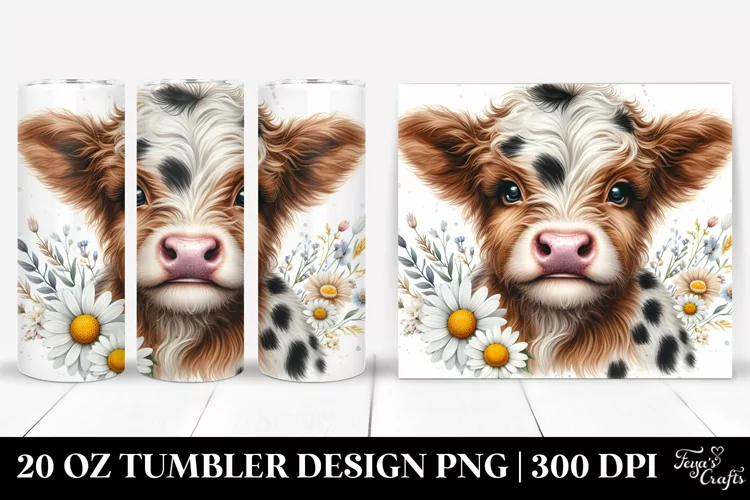 Cute Watercolor Highland Cow with Daisy | 20 oz Tumbler