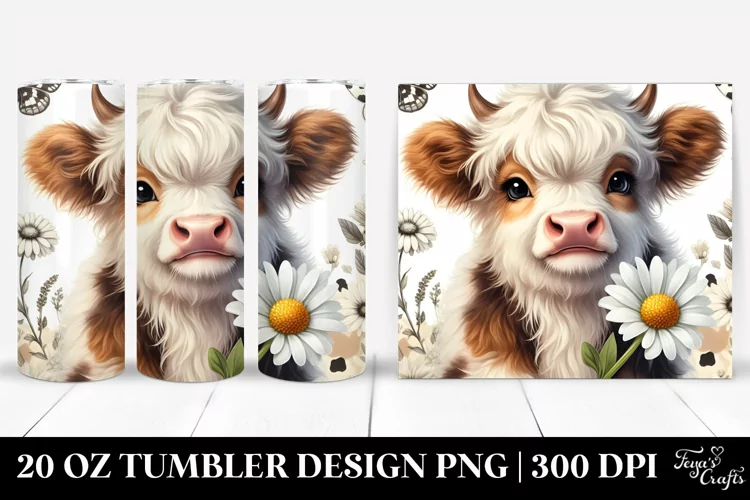 Cute Watercolor Highland Cow with Daisy | 20 oz Tumbler
