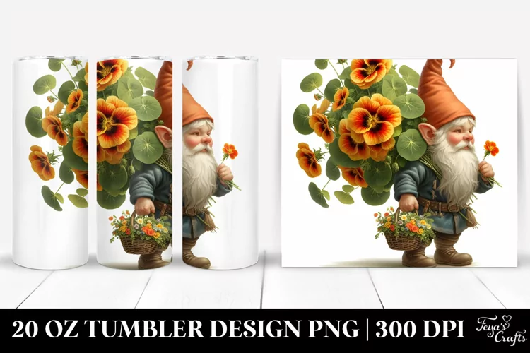 Small Gnome with Nasturtium Bouquet | 20 Oz Tumbler