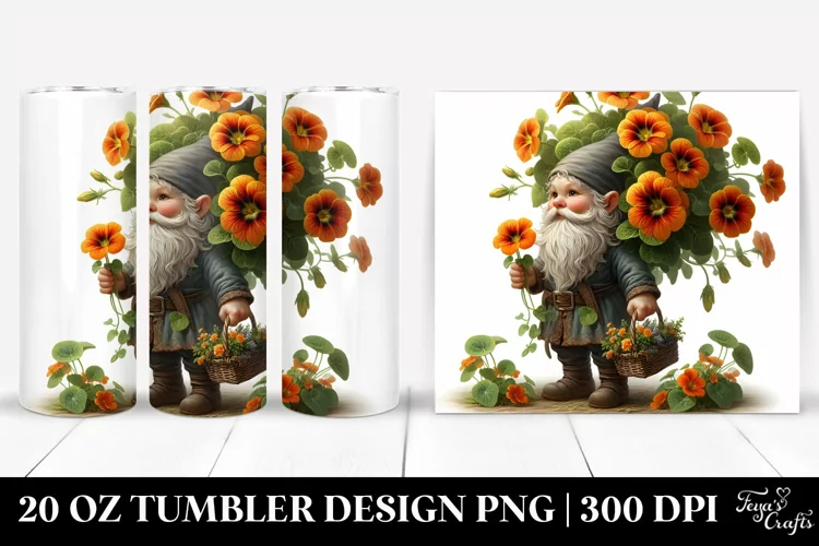 Small Gnome with Nasturtium Bouquet | 20 Oz Tumbler