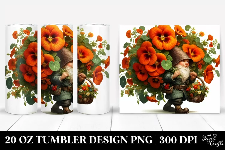 Small Gnome with Nasturtium Bouquet | 20 Oz Tumbler
