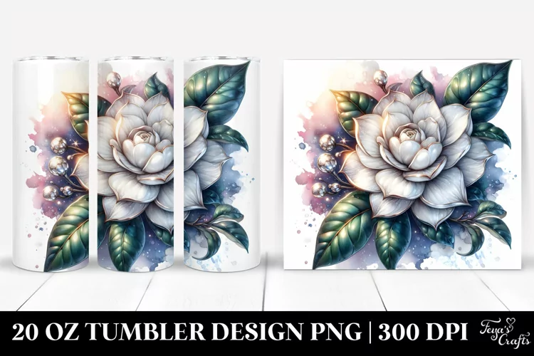 Detailed Shiny Gardenia Watercolor Splash | 20 Oz Tumbler