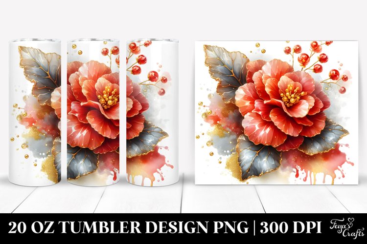 20 Oz Tumbler Sublimation | Shiny Golden Watercolor Begonia