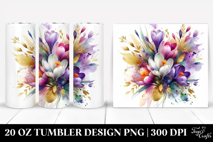 Abstract Bouquet with Colorful Crocus, Gold Foil | 20 Oz