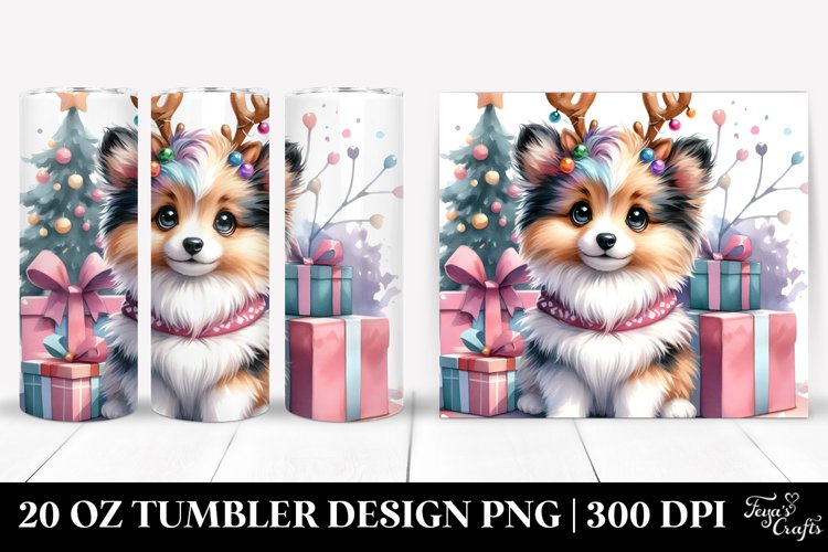Colorful Shetland Sheepdog with Reindeer Horns 20 Oz Tumbler example image 1