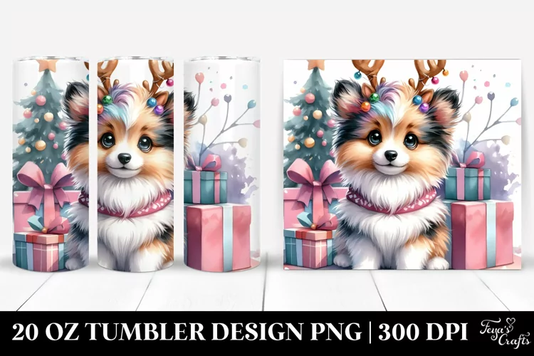 Colorful Shetland Sheepdog with Reindeer Horns 20 Oz Tumbler