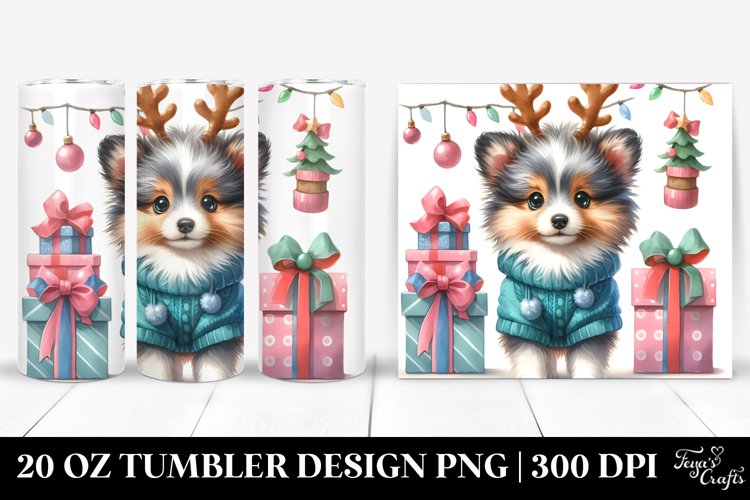 Colorful Shetland Sheepdog with Reindeer Horns 20 Oz Tumbler example image 1