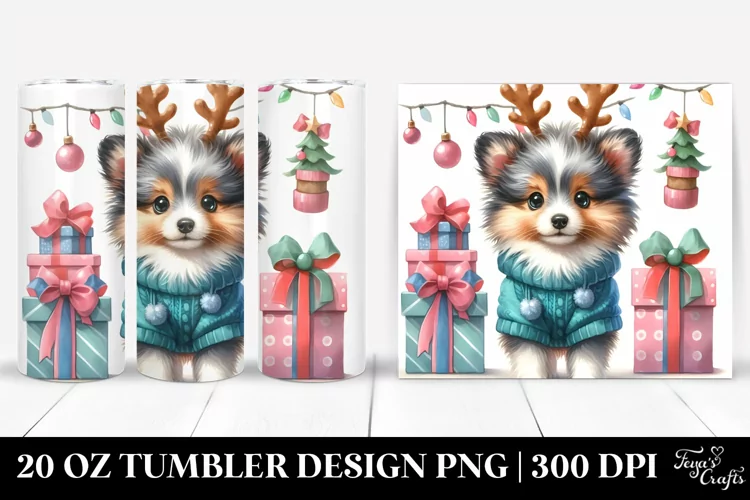 Colorful Shetland Sheepdog with Reindeer Horns 20 Oz Tumbler