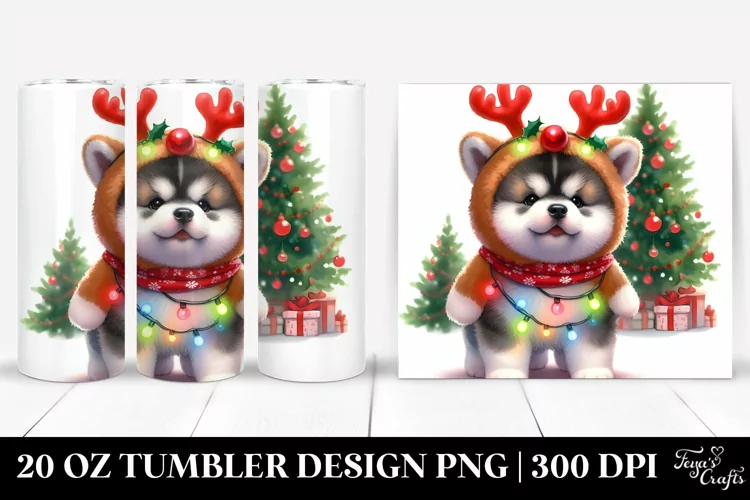 Winter Akita with Reindeer Horns 20 Oz Tumbler