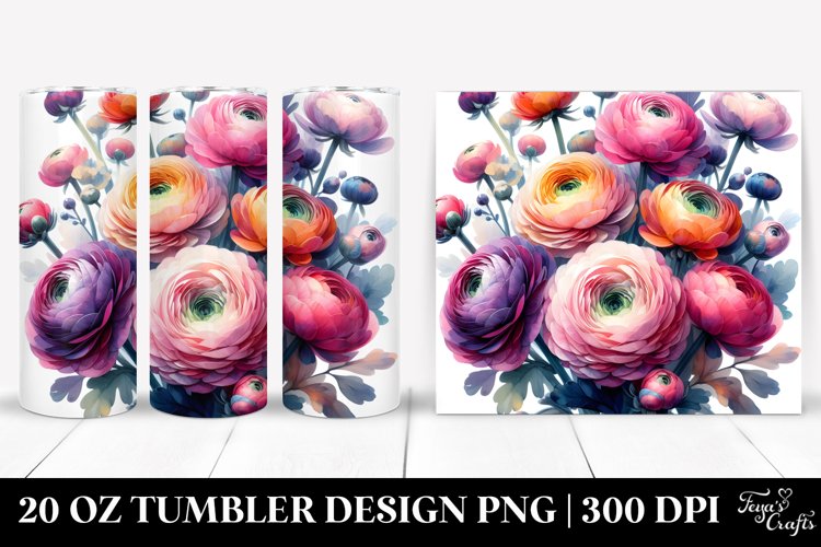 Watercolor Abstract Colorful Ranunculus Bouquet | 20 oz example image 1