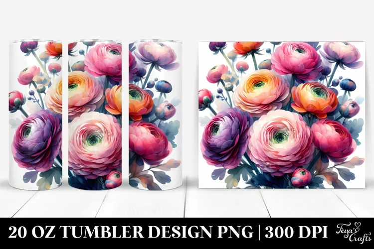 Watercolor Abstract Colorful Ranunculus Bouquet | 20 oz