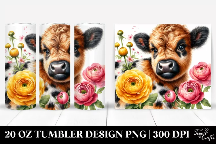 Cute Baby Highland Cow with Ranunculus | 20 Oz Tumbler