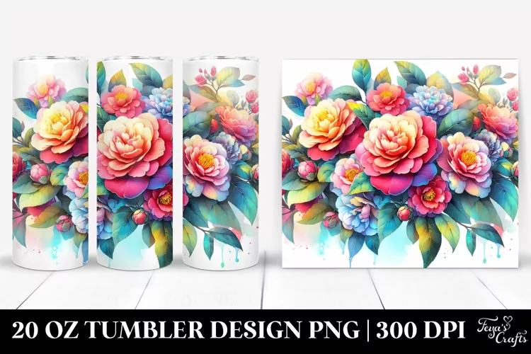 Colorful Watercolor Camellia Frame | 20 oz Tumbler
