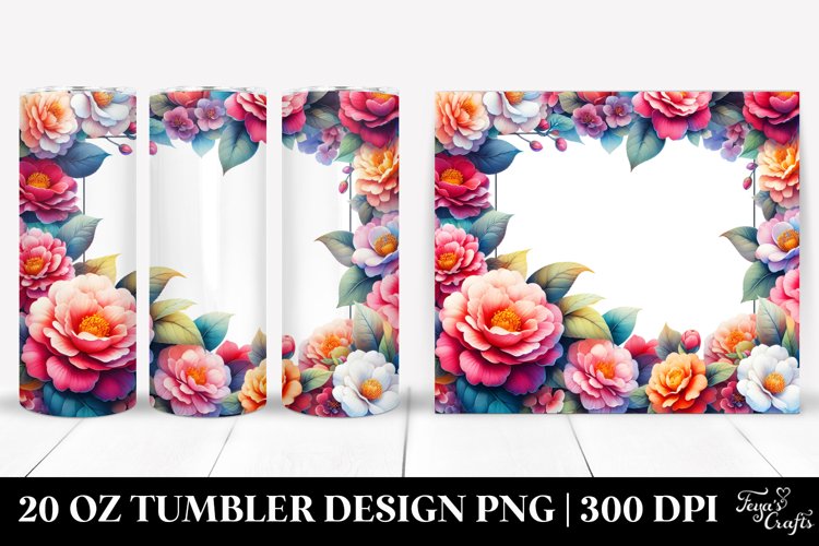 Colorful Watercolor Camellia Frame | 20 oz Tumbler example image 1