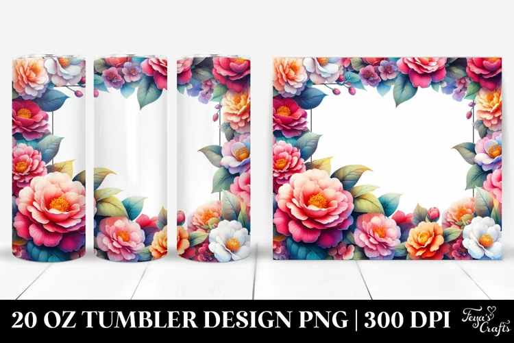 Colorful Watercolor Camellia Frame | 20 oz Tumbler