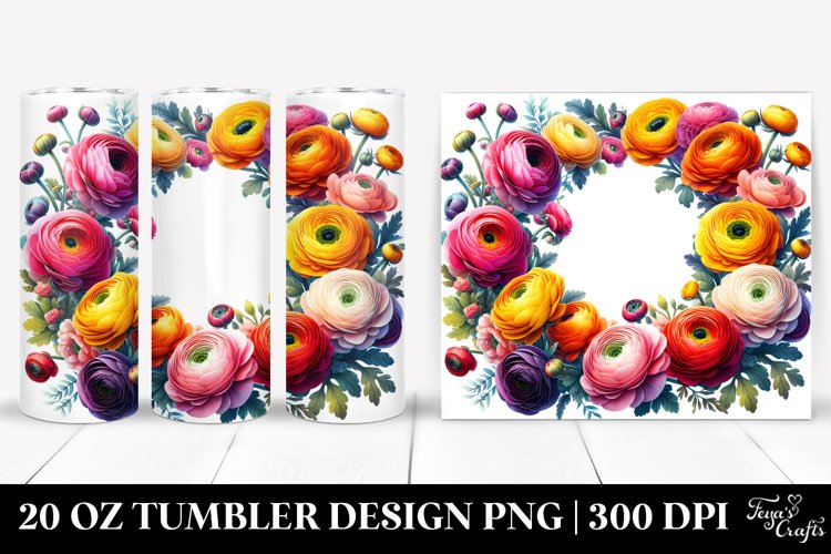 Colorful Watercolor Ranunculus Frame | 20 oz Tumbler example image 1