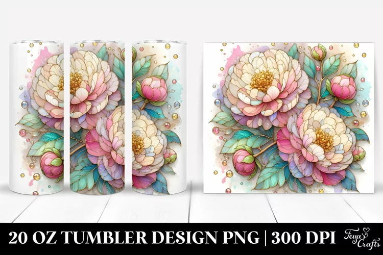 Detailed Stained Peonies Tumbler Design | 20 oz Tumbler