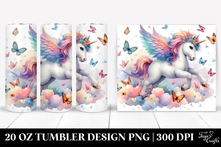 Colorful Baby Unicorn Chasing Butterflies. 20 oz Tumbler