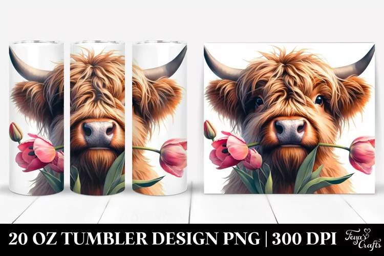 Watercolor Highland Cow Portrait with Tulip | 20 Oz Tumbler