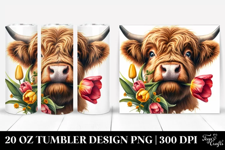 Watercolor Highland Cow Portrait with Tulip | 20 Oz Tumbler