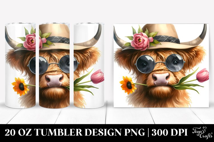 Funny Highland Cow in Sun Hat with Tulip | 20 oz Tumbler