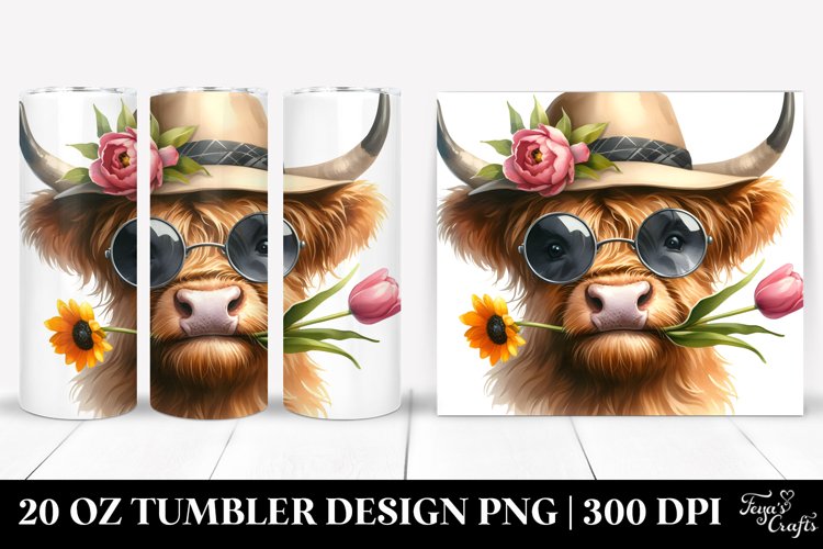 Funny Highland Cow in Sun Hat with Tulip | 20 oz Tumbler example image 1