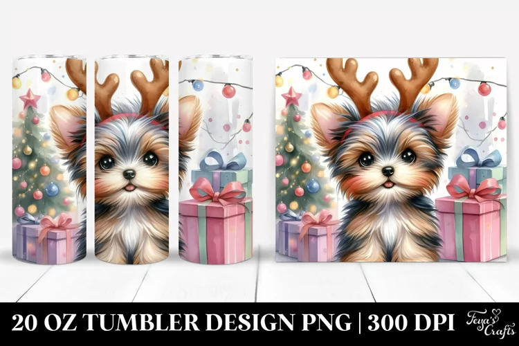 Baby Yorkshire Terrier with Reindeer Horns PNG