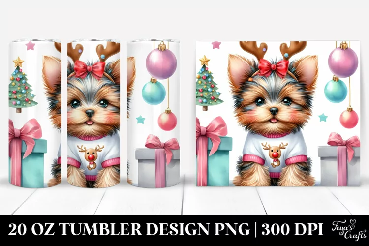 Baby Yorkshire Terrier with Reindeer Horns PNG