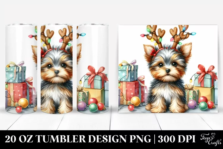 Baby Yorkshire Terrier with Reindeer Horns PNG