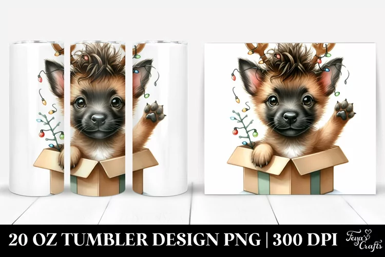 Enthusiastic Baby Malinois with Christmas Lights PNG