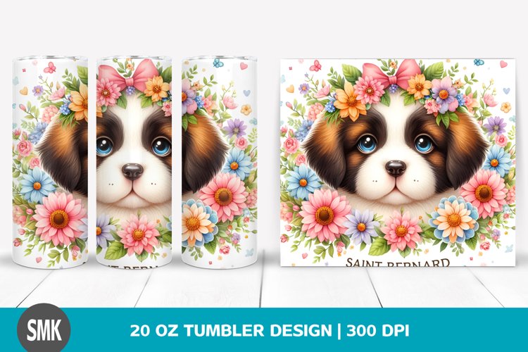 Watercolor Baby Saint Bernard Flowers | 20 oz Tumbler