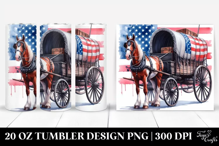 Watercolor Vintage Horse Wagon with Flag Colors | 20 oz