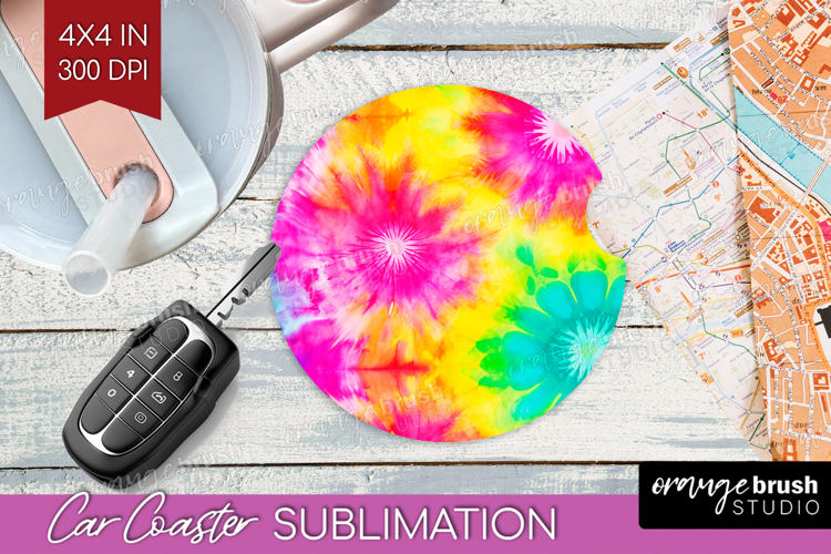 Rainbow Tie Dye Car Coaster - Summer Coaster PNG Sublimation