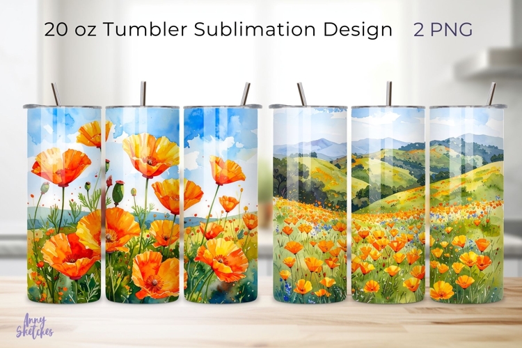 2 California Poppy Fields Tumbler Wrap PNG 20 oz