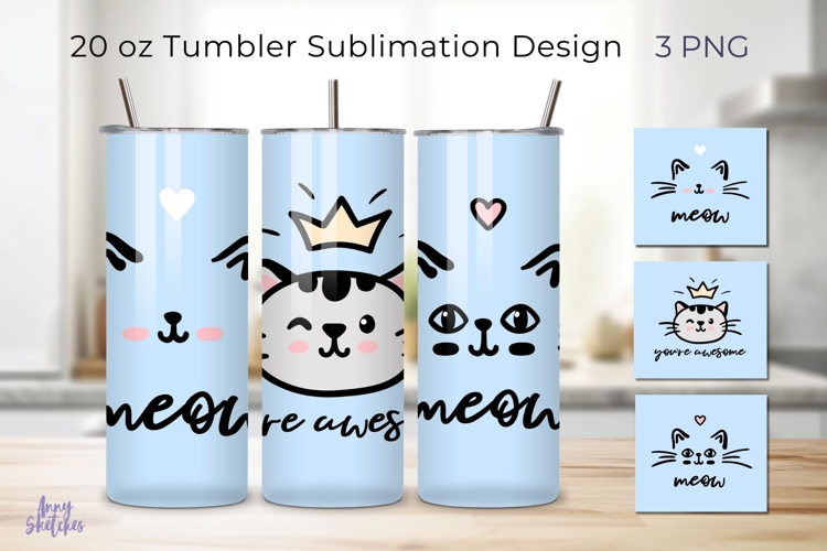 3 Cute Baby Cat Face Tumbler Wrap Kawaii 20 oz Sublimation
